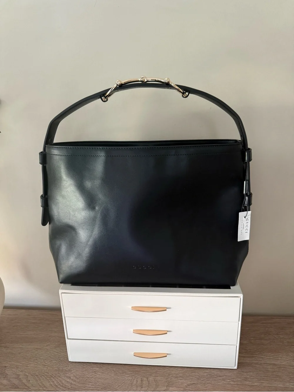 Black Leather Tote with Gold Hardware